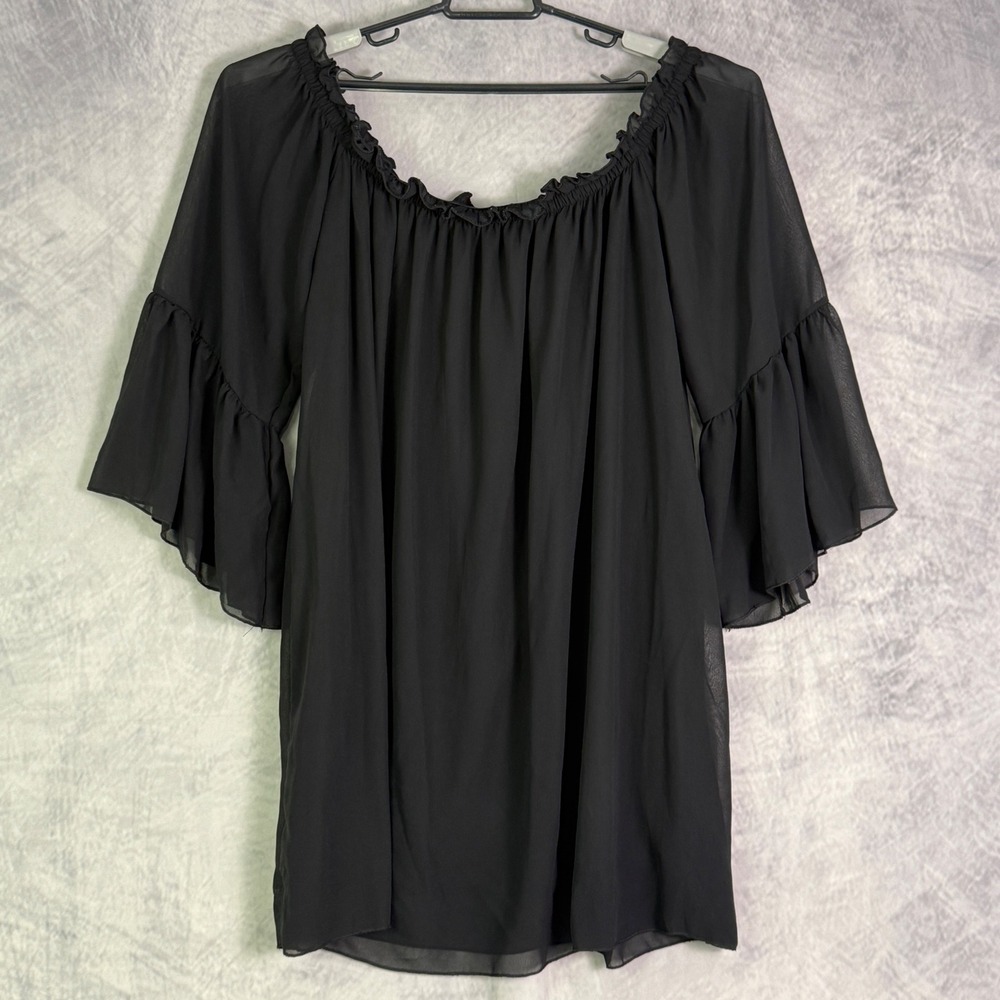Black Off Shoulder Bell Sleeve flowy Chiffon Blouse Top sx 3X Witchy Whimsigoth